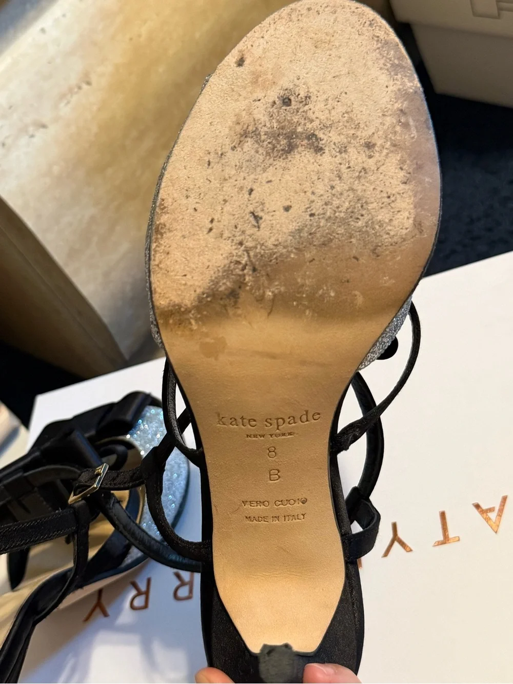 kate spade Black Satin Bow Silver Glitter Strappy Heels